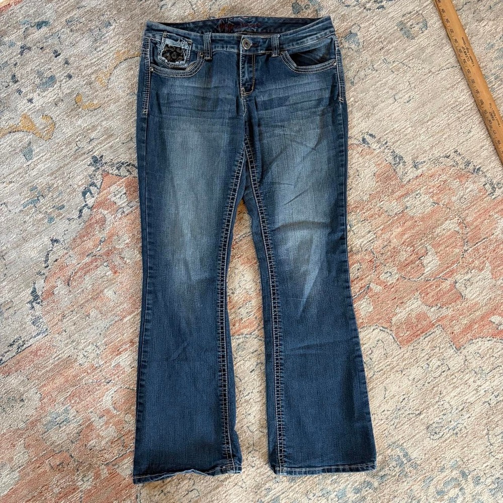 Ariya Jeans Womens 11/12 Blue Low Rise Bootcut Flare Y2K Sequin Pockets Denim